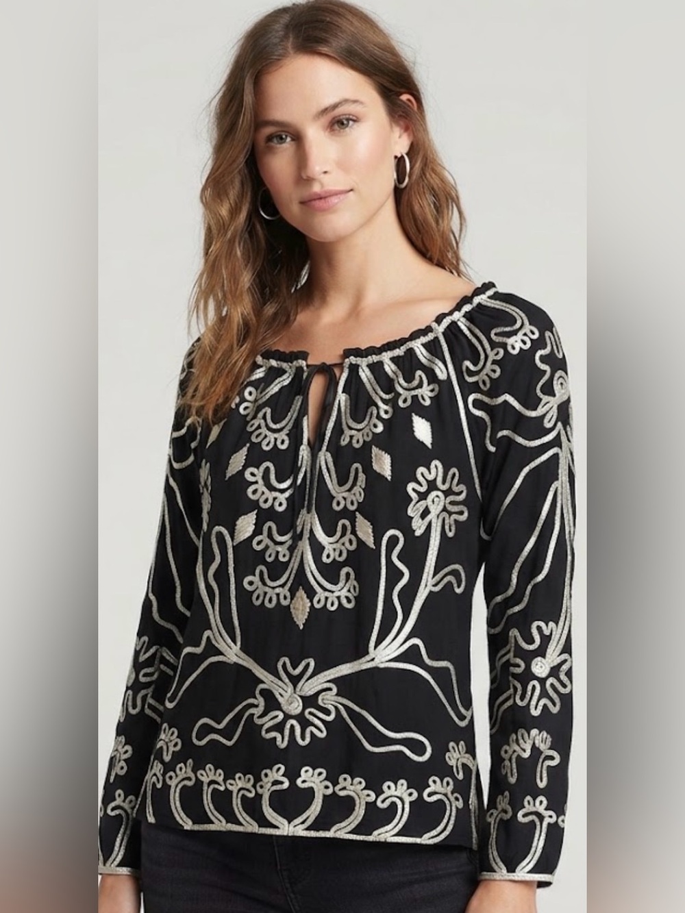 NWT Lauren Michele Black Embroidered Boho Peasant Top Medium